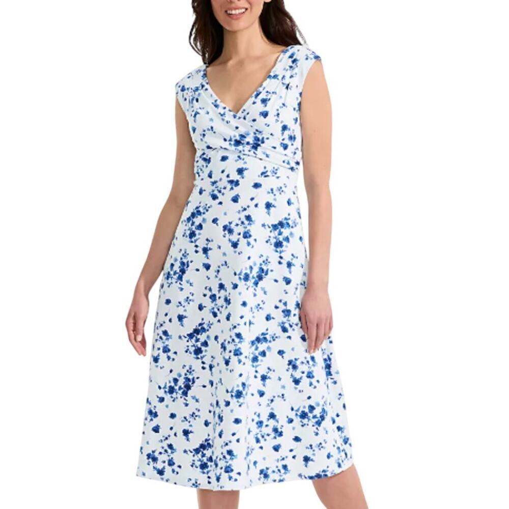 Lands' End Clearlake Blue Poetic Floral Off Shoulder Wrap Midi Dress Size PM